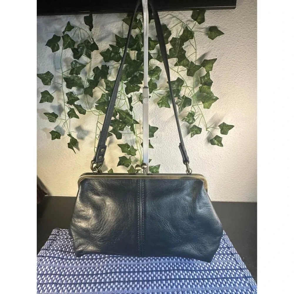 Jilly Designs Leather Kiss Lock Handbag Navy Blue with Tassel Handcrafted